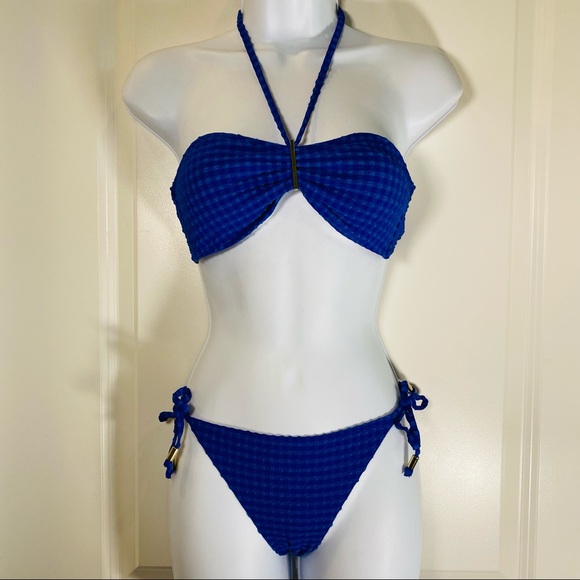 Cobalt Blue Textured Check 2 Pc Bikini - Picture 2 of 10